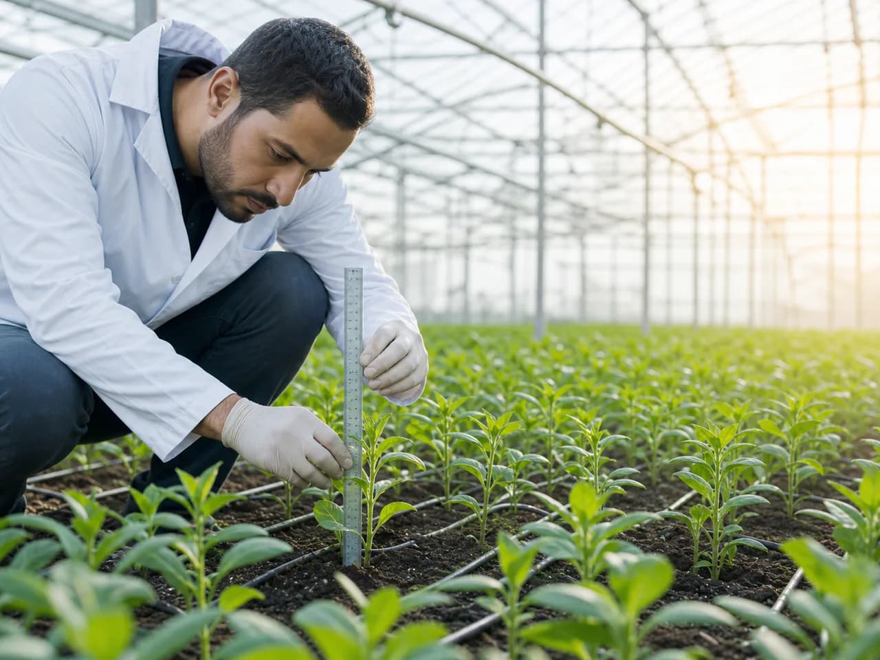 Agricultural specialist measuring greenhouse crop growth