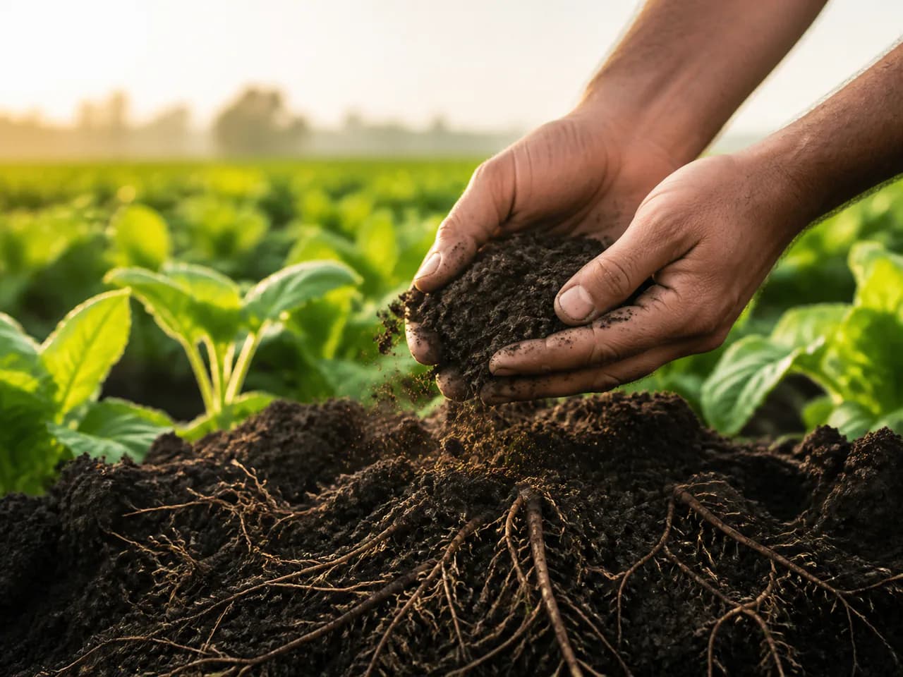 Hands examining rich structured agricultural soil